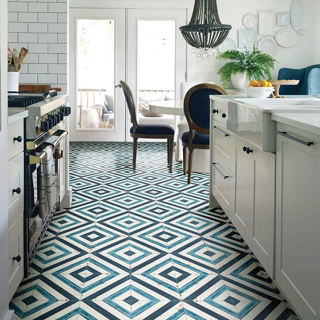 kitchen with patterned blue tiles